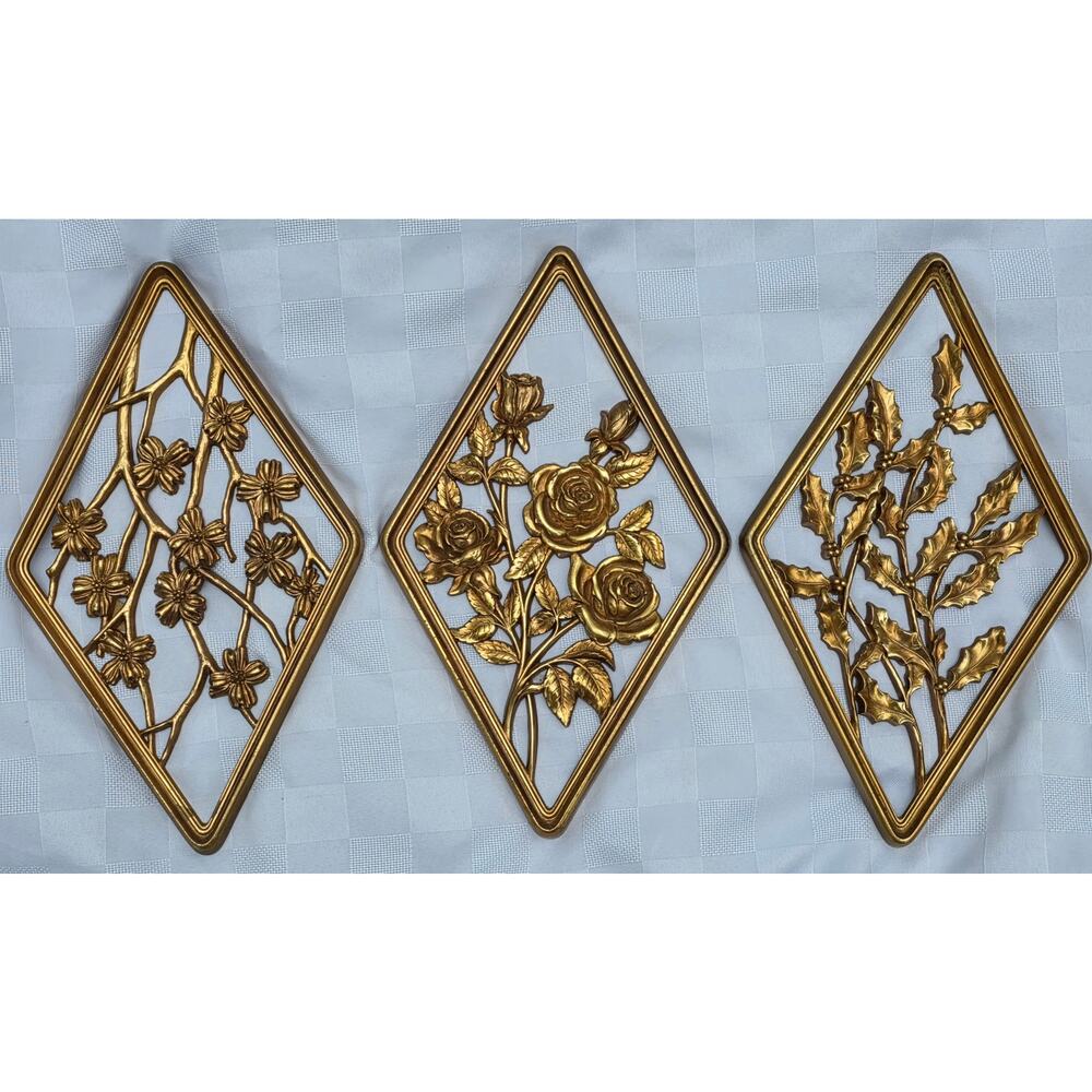 3 SYROCO Diamond Wall Plaques Decor Floral Gold Rose Holly MCM Regency 16.5” Vtg
